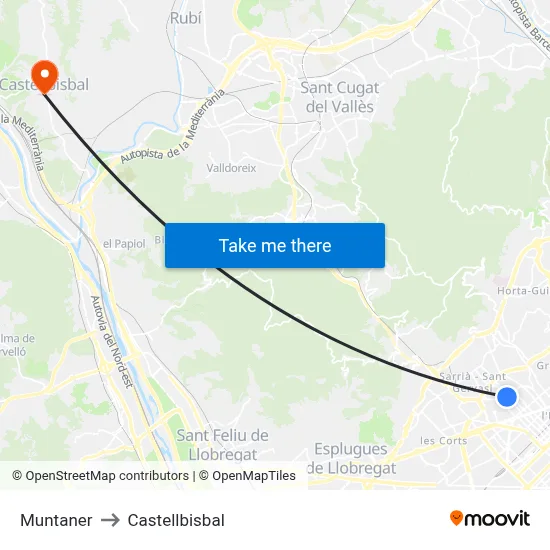 Muntaner to Castellbisbal map