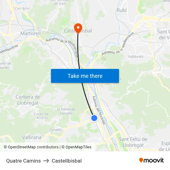 Quatre Camins to Castellbisbal map