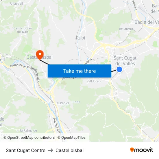 Sant Cugat Centre to Castellbisbal map
