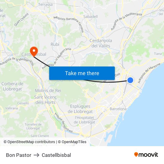 Bon Pastor to Castellbisbal map
