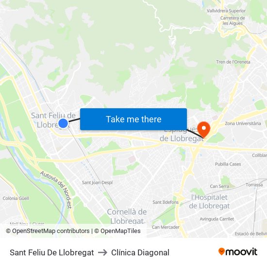 Sant Feliu De Llobregat to Clínica Diagonal map