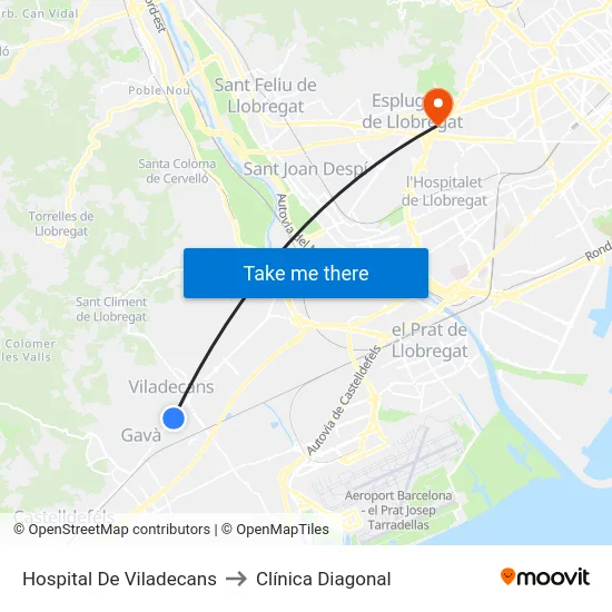 Hospital De Viladecans to Clínica Diagonal map