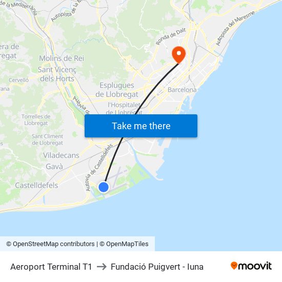 Aeroport Terminal T1 to Fundació Puigvert - Iuna map