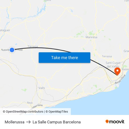 Mollerussa to La Salle Campus Barcelona map