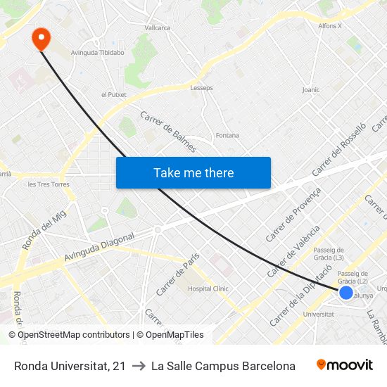 Ronda Universitat, 21 to La Salle Campus Barcelona map