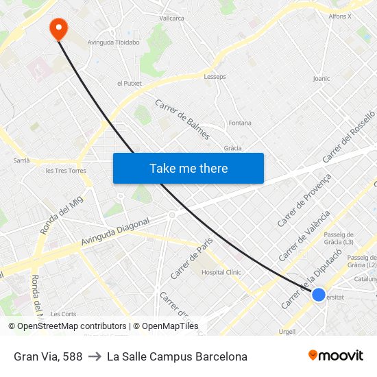 Gran Via, 588 to La Salle Campus Barcelona map