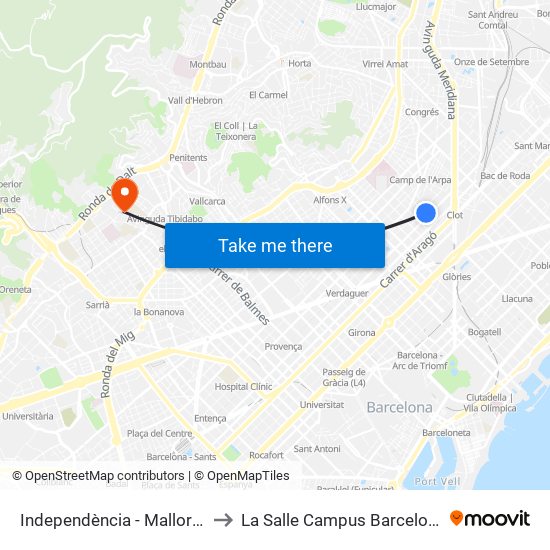 Independència - Mallorca to La Salle Campus Barcelona map