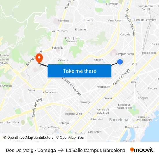 Dos De Maig - Còrsega to La Salle Campus Barcelona map