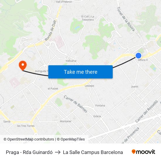 Praga - Rda Guinardó to La Salle Campus Barcelona map