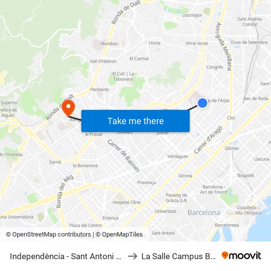 Independència - Sant Antoni Maria Claret to La Salle Campus Barcelona map