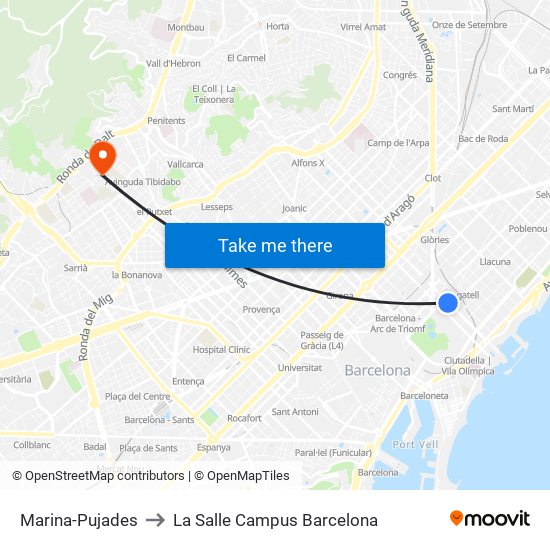 Marina-Pujades to La Salle Campus Barcelona map