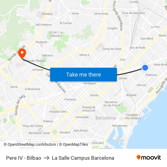 Pere IV - Bilbao to La Salle Campus Barcelona map