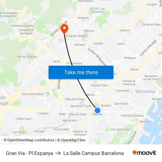 Gran Via - Pl Espanya to La Salle Campus Barcelona map