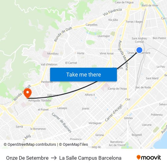 Onze De Setembre to La Salle Campus Barcelona map
