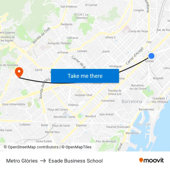 Metro Glòries to Esade Business School map