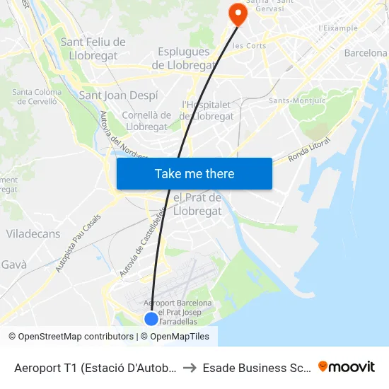 Aeroport T1 (Estació D'Autobusos) to Esade Business School map