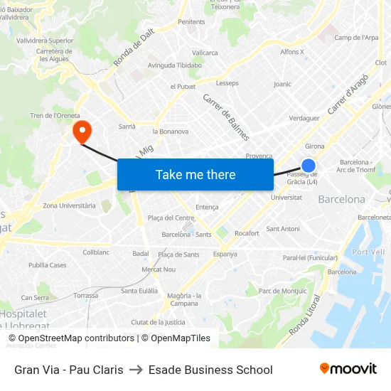 Gran Via - Pau Claris to Esade Business School map