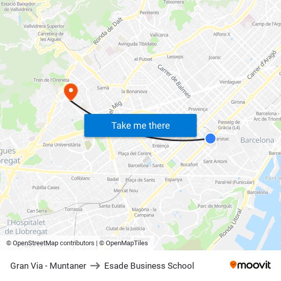 Gran Via - Muntaner to Esade Business School map