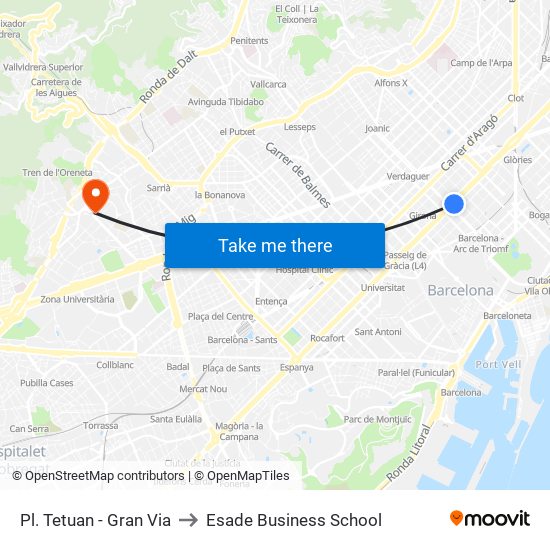 Pl. Tetuan - Gran Via to Esade Business School map