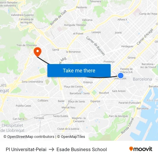 Pl Universitat-Pelai to Esade Business School map