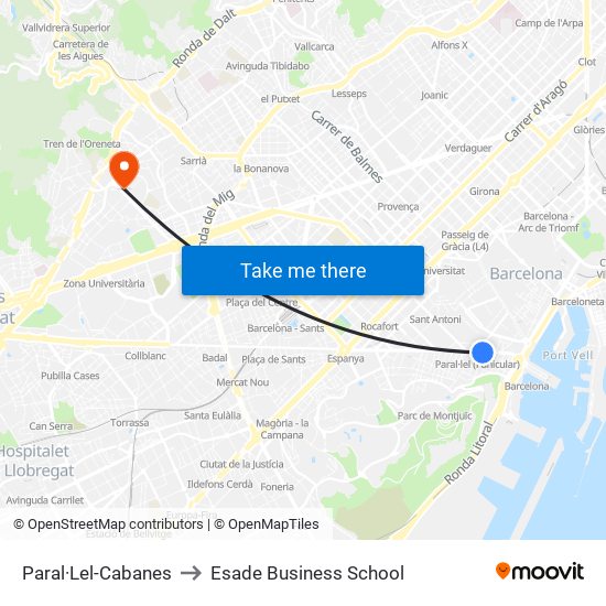 Paral·Lel-Cabanes to Esade Business School map