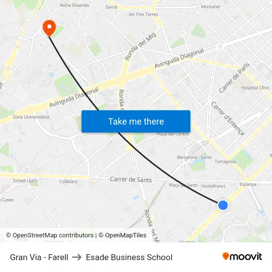 Gran Via - Farell to Esade Business School map
