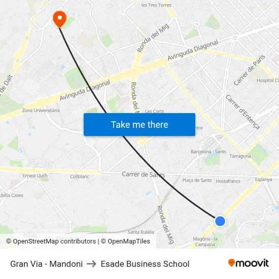 Gran Via - Mandoni to Esade Business School map