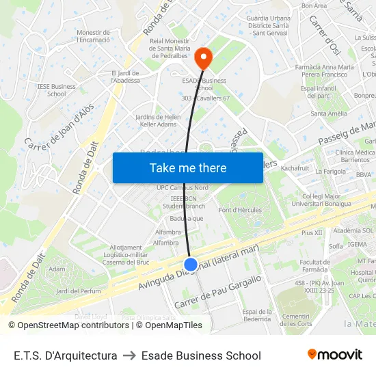E.T.S. D'Arquitectura to Esade Business School map