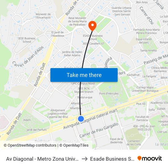 Av Diagonal - Metro Zona Universitaria to Esade Business School map