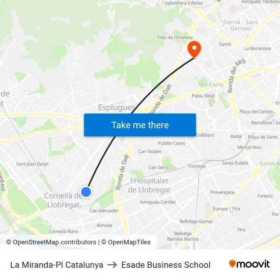 La Miranda-Pl Catalunya to Esade Business School map