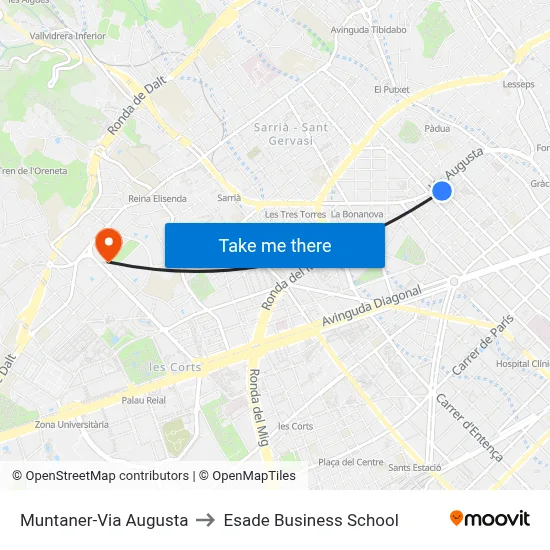 Muntaner-Via Augusta to Esade Business School map