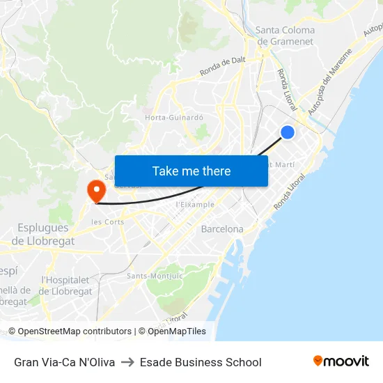 Gran Via-Ca N'Oliva to Esade Business School map