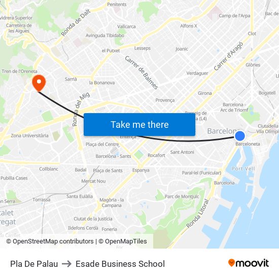 Pla De Palau to Esade Business School map