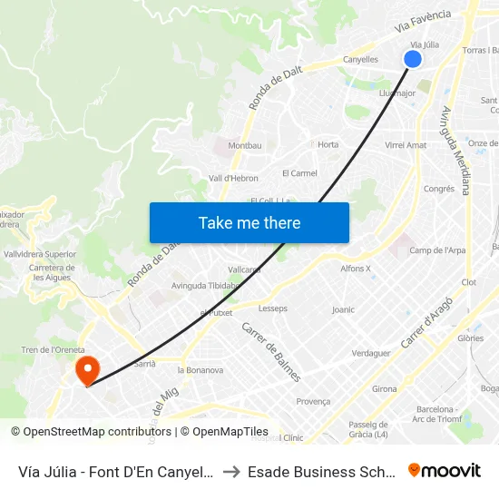 Vía Júlia - Font D'En Canyelles to Esade Business School map