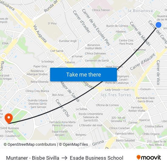 Muntaner - Bisbe Sivilla to Esade Business School map