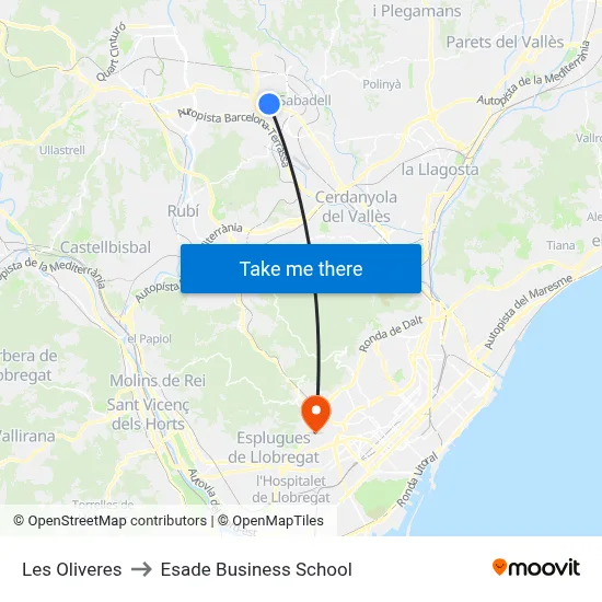 Les Oliveres to Esade Business School map