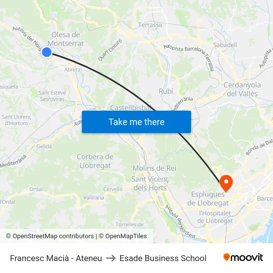 Francesc Macià - Ateneu to Esade Business School map