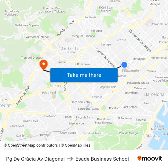 Pg De Gràcia-Av Diagonal to Esade Business School map
