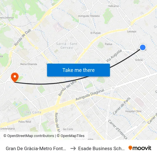 Gran De Gràcia-Metro Fontana to Esade Business School map