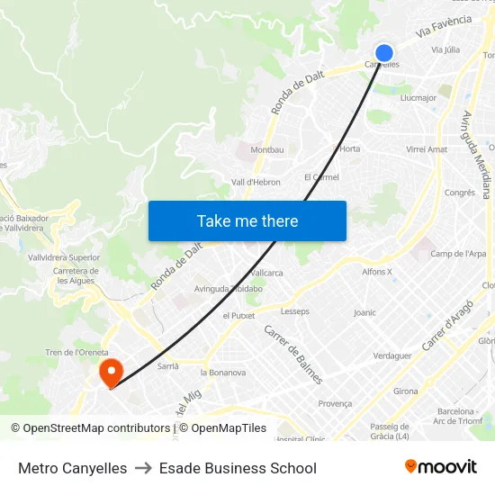 Metro Canyelles to Esade Business School map