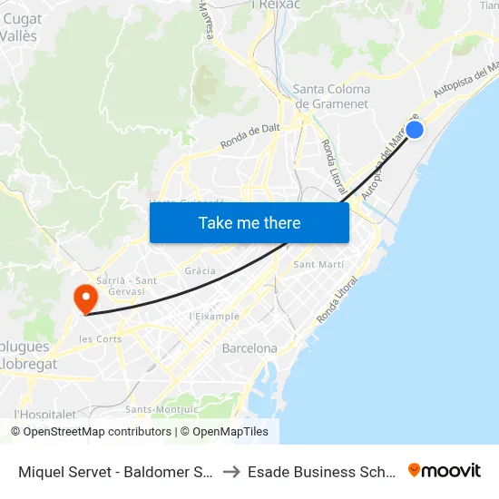 Miquel Servet - Baldomer Solà to Esade Business School map