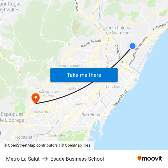 Metro La Salut to Esade Business School map