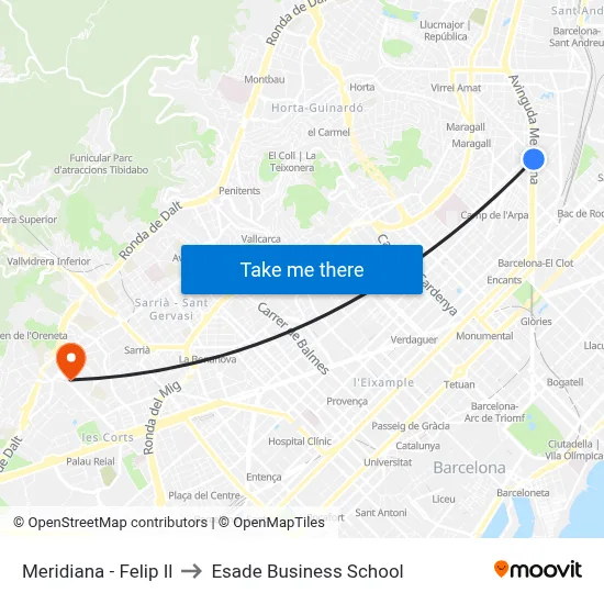 Meridiana - Felip Il to Esade Business School map
