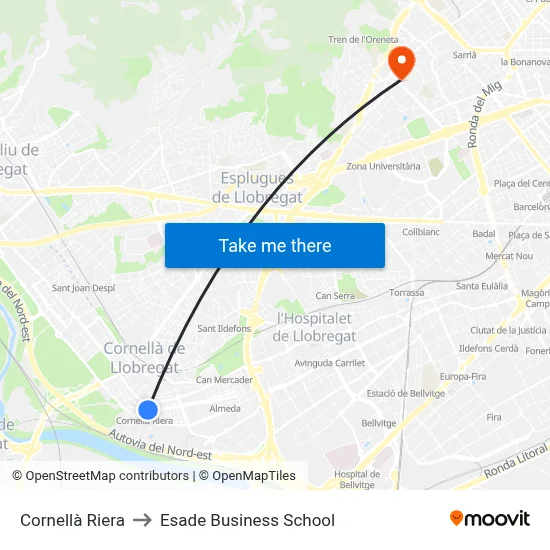 Cornellà Riera to Esade Business School map