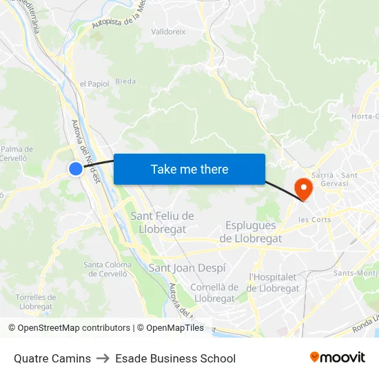 Quatre Camins to Esade Business School map