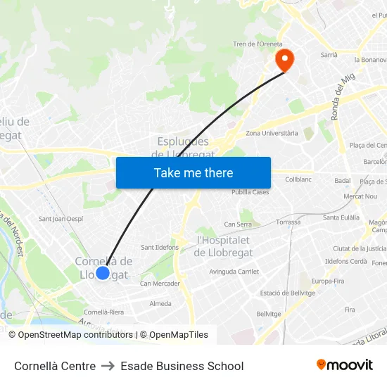 Cornellà Centre to Esade Business School map