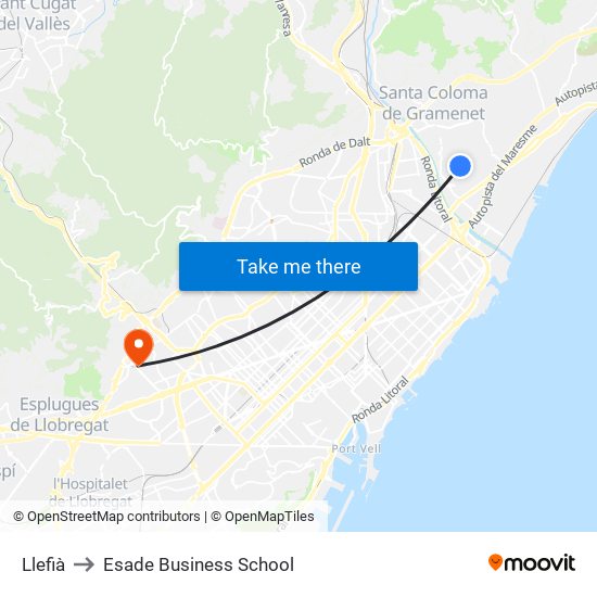 Llefià to Esade Business School map