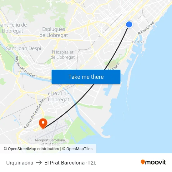 Urquinaona to El Prat Barcelona -T2b map