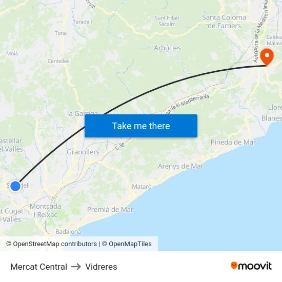 Mercat Central to Vidreres map