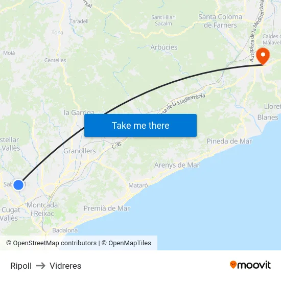 Ripoll to Vidreres map